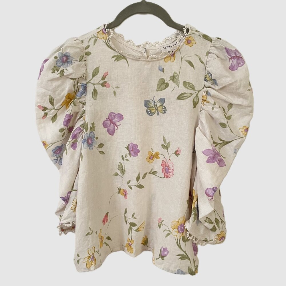 Laura Ashley Puff Sleeves Crochet Trim Floral Blouse Top
